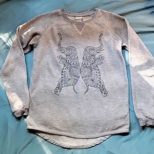 FREEZE Boho Gray Elephants Sweatshirt, slight high/low hem, Medium
